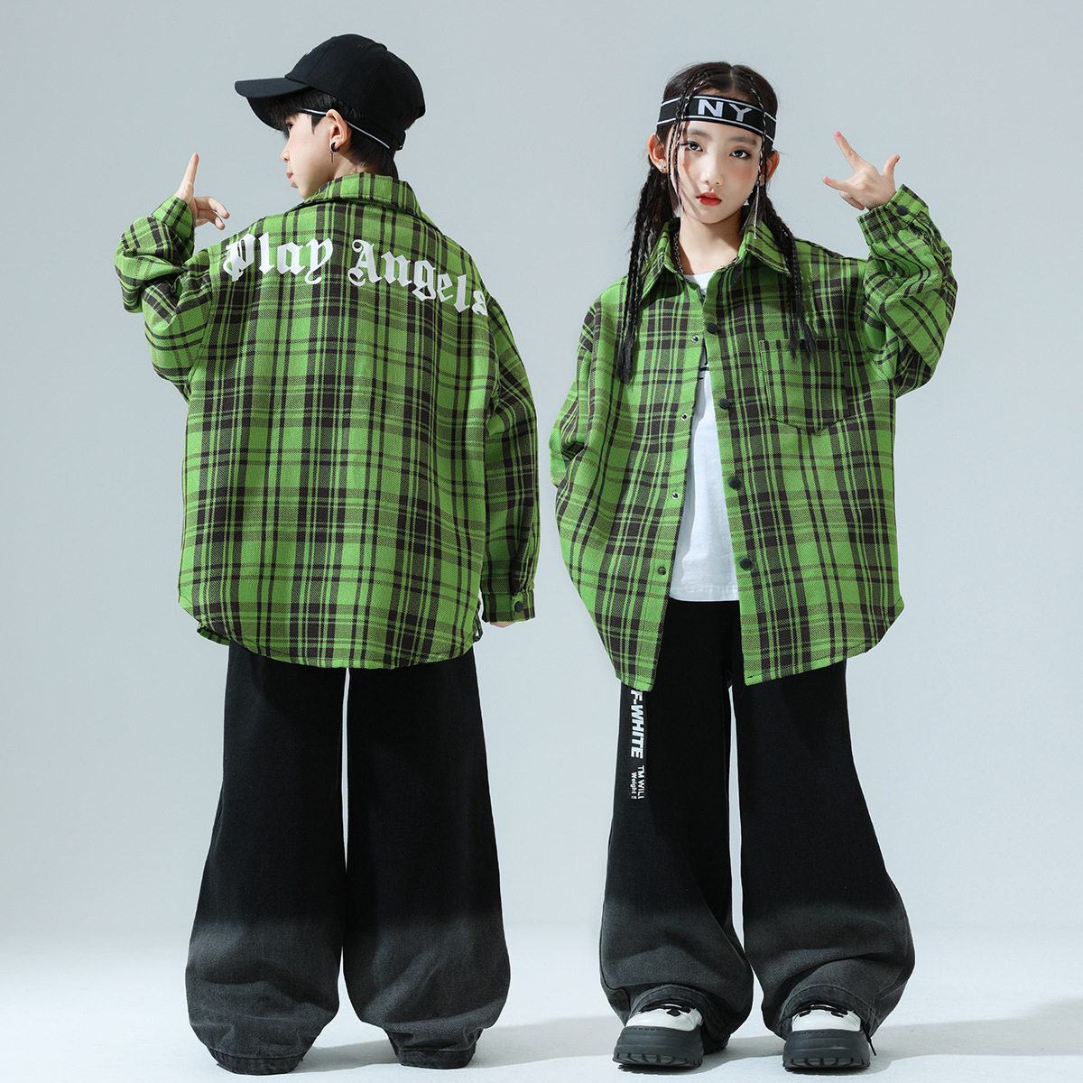 儿童街舞演出服嘻哈格子衫套装