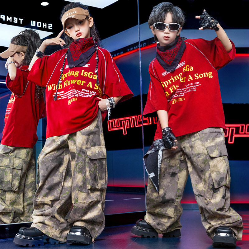 新款迷彩mtpop街舞少儿童潮服酷帅嘻哈hiphop架子鼓红色迷彩套装