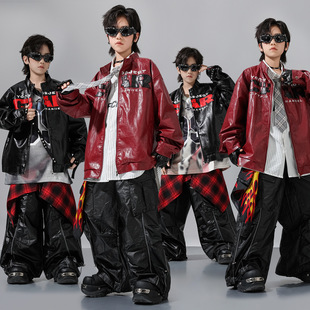 街舞潮服儿童hiphop演出服男童嘻哈潮酷皮衣套装 popping潮牌外套