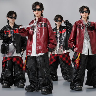 街舞潮服儿童hiphop演出服男童嘻哈潮酷皮衣套装popping潮牌外套