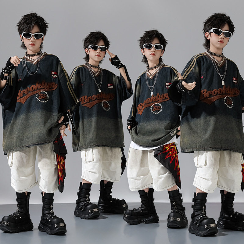 儿童街舞演出服潮服套装hiphop嘻哈说唱表演服复古毛巾绣bboy夏季