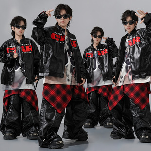 儿童街舞演出服套装 poppin 男童皮衣夹克洋气炸街潮服外套亮面长裤