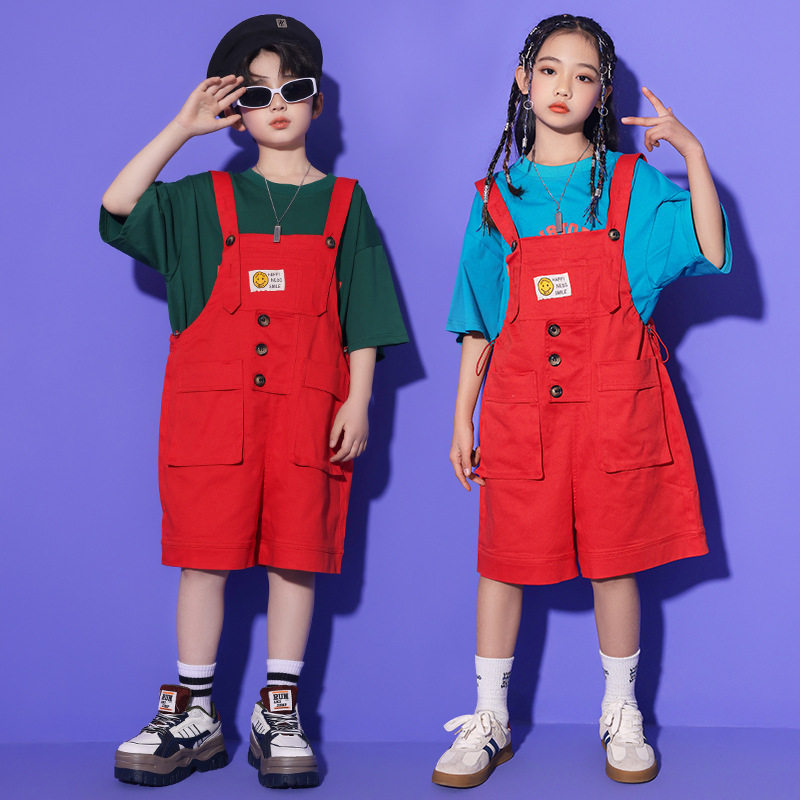 儿童街舞演出服夏季短裤T恤短袖套装背带裤定制印字HIPHOP宝宝潮