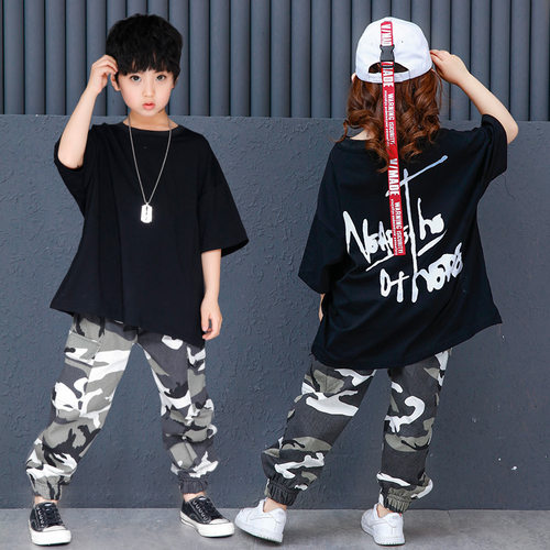 街头2018款男女儿童街舞服潮popping迷彩裤子短袖T恤夏少儿hiphop