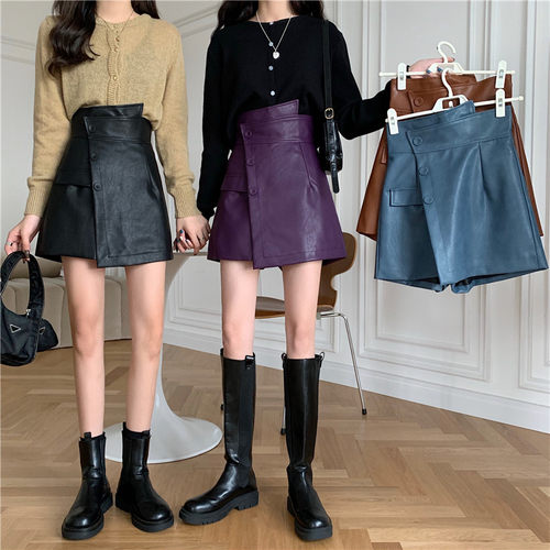 不规则皮短裤女秋冬高腰遮肚裙裤