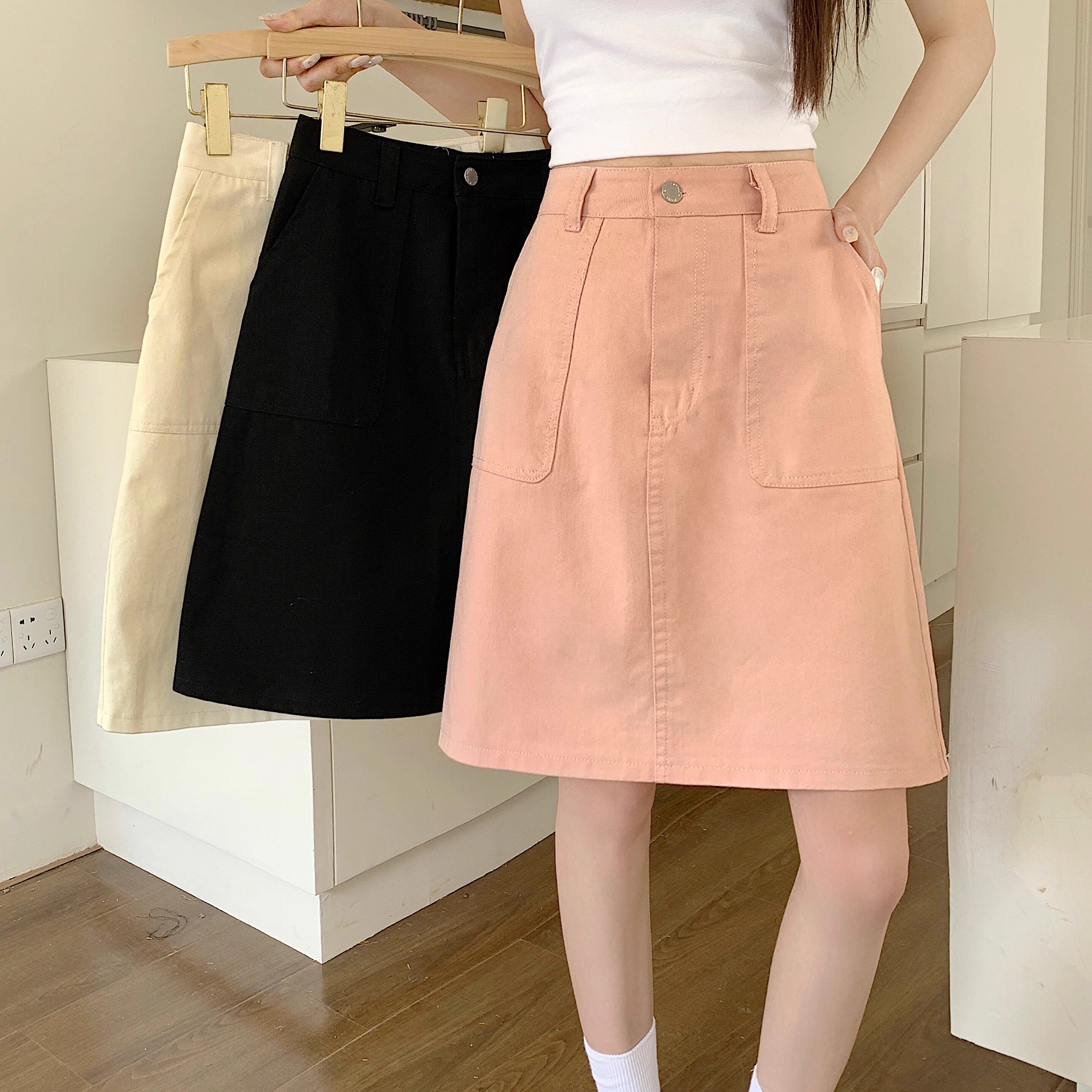 牛仔半身裙女夏季口袋中裙 大码高腰a字裙子韩版显瘦中长款包臀裙