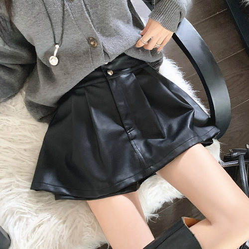 PU皮裙百搭显瘦百褶裙裤女