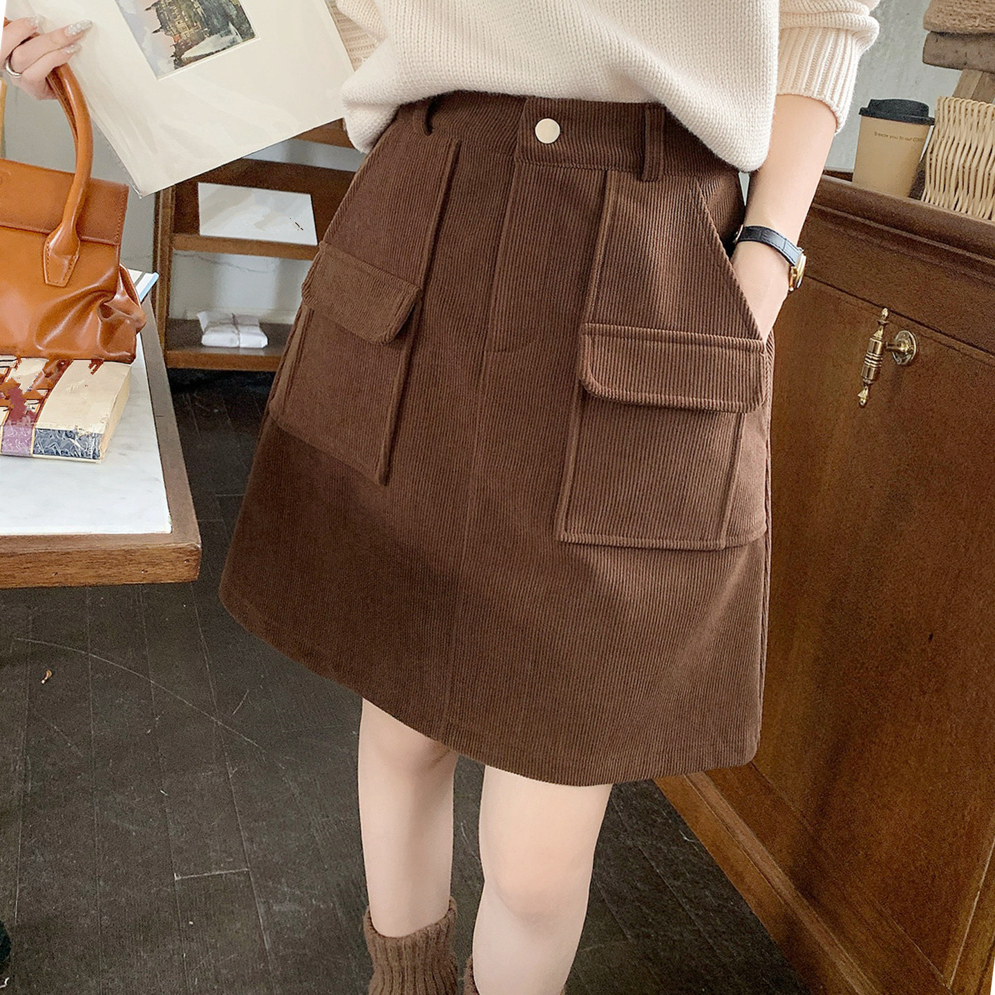 灯芯绒半身裙复古工装风中裙女