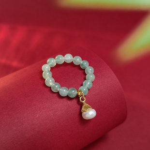 新中式复古翡翠玉石串珠指环轻奢高级感珍珠戒指女小众设计2025新