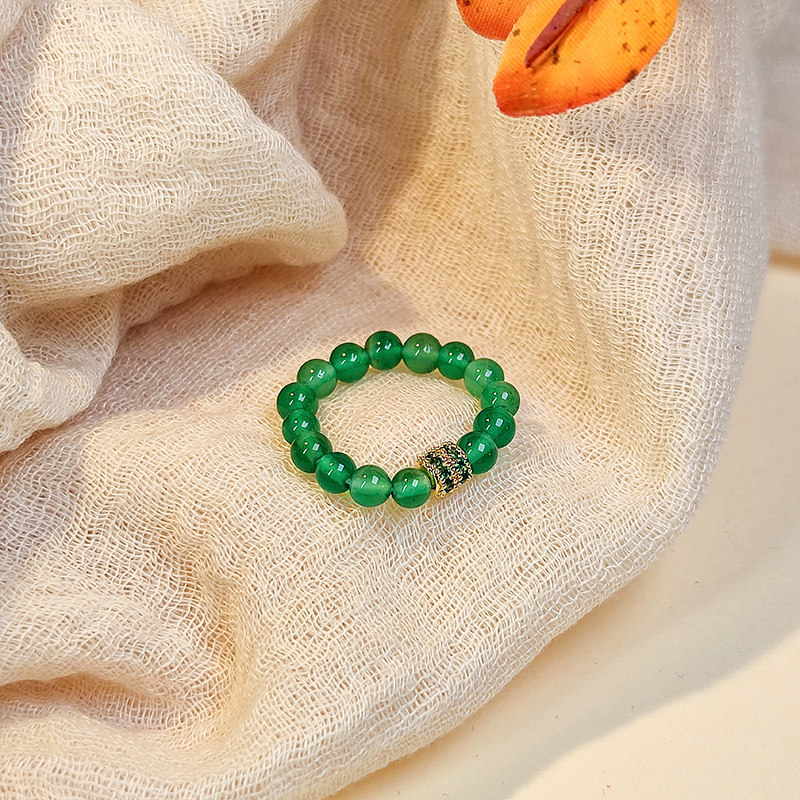 绿玛瑙串珠戒指女高级感弹力松紧可调节时尚个性食指简约素圈指环