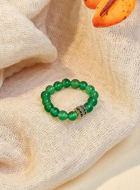绿玛瑙串珠戒指女高级感弹力松紧可调节时尚个性食指简约素圈指环