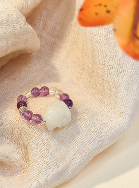 菩提九尾狐戒指女古风紫水晶串珠指环弹力绳复古中国风食指戒小众