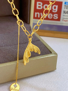 周大福代购 新款鱼尾项链美人鱼尾足金黄金项链一体链精品F229445