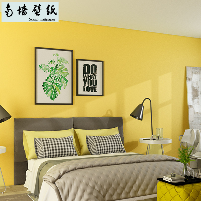 墙纸自粘纯色柠檬黄亮黄浅黄色卧室背景墙壁纸贴奶茶店汉堡炸鸡店