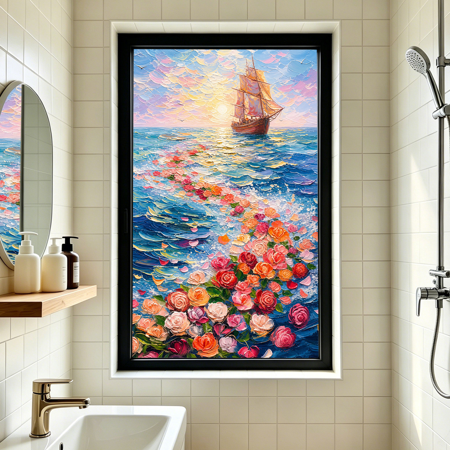 油画玫瑰花海卫生间厕所窗户磨砂玻璃贴膜防窥风景装饰画静电贴膜