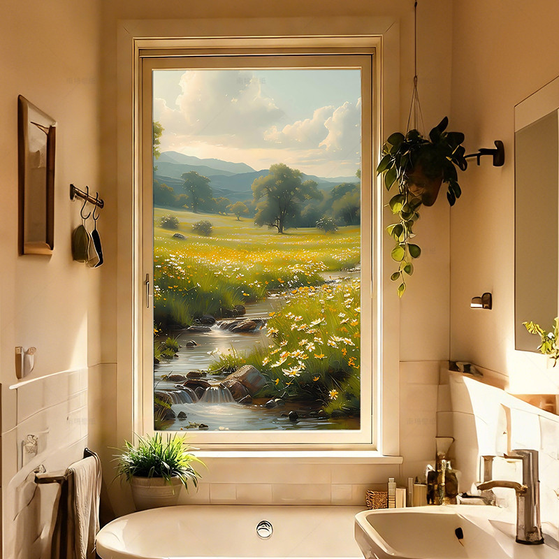 2026高级感窗户装饰贴画静电免胶淋浴房厨房玻璃窗防窥贴膜可定制
