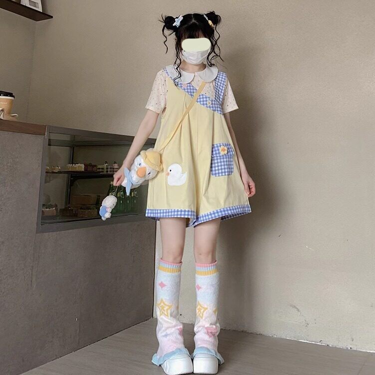 韩版甜美可爱少女格纹背带短裤女学生初夏娃娃领花花上衣两件套装