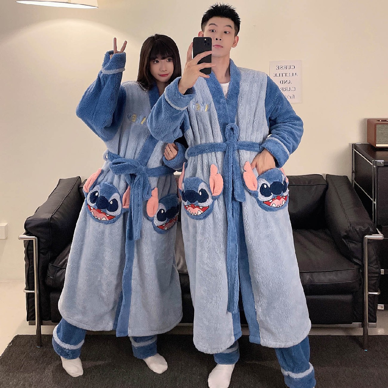 2025冬季新款情侣睡衣卡通睡袍套装史迪仔和服浴袍家居服加肥套装