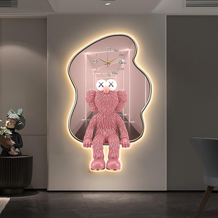 饰画网红潮牌Kaws挂画带钟表时钟轻奢高级感发光灯画 暴力熊玄关装