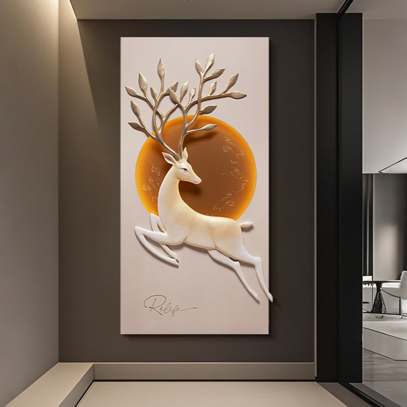 新中式高档玄关灯光画入户客厅走廊3D立体浮雕福鹿装饰画包安装