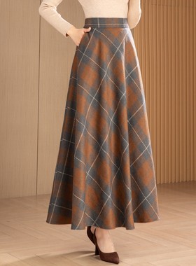2025秋冬新款复古格子毛呢半身裙高腰A字裙大摆跳舞长裙仙女伞裙