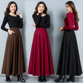 大码 秋冬新款 休闲百搭纯色高腰半身裙女毛呢裙冬季 舞裙子大摆长裙
