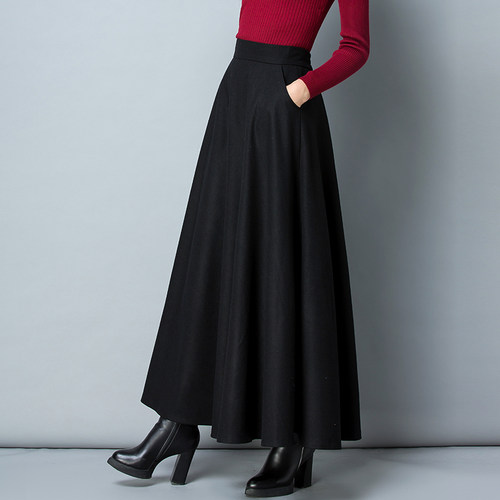 呢子黑色半裙家宁服饰长裙a字裙