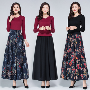 秋季 民族风棉麻半身长裙大摆广场舞长裙女松紧腰半身女裙 2019新款