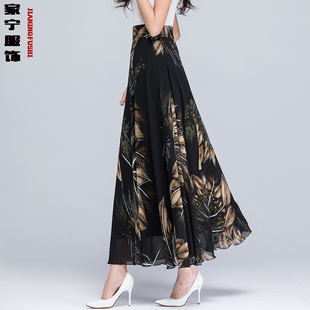 舞长裙 花色雪纺半身长裙女士高腰印花A字裙大摆大码 2022夏季 新款