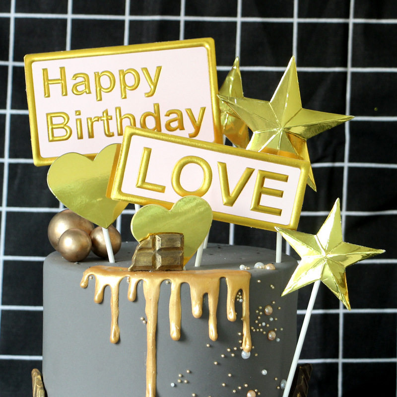 新款蛋糕装饰插牌金色闪亮折叠五角星happy birthday粉色love插件