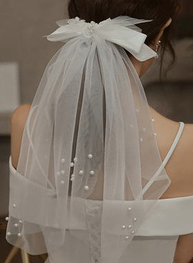 钉珠新品婚纱旅拍唯美蝴蝶结短头纱新娘礼服配饰跟妆造型婚庆头纱