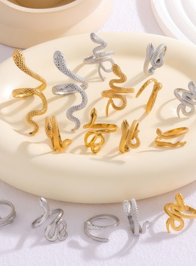 跨境金色蛇形304不锈钢戒指简约几何不规则18k金指环首饰现货