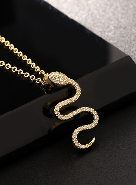 欧美冷淡风灵蛇吊坠项链 铜镀真金锆石锁骨链跨境热销饰品首饰