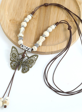 多巴胺陶瓷毛衣链蝴蝶项链小众古风长款毛衣项链