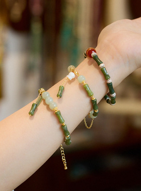 天然橄榄玉竹节手链一叶女铃兰花手链送闺蜜礼物