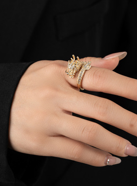 新中式生肖龙开口戒指女小众微镶满锆食指戒夸张个性指环