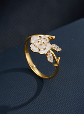 法式复古山茶花开口戒指微镶感花朵食指戒可调节指环