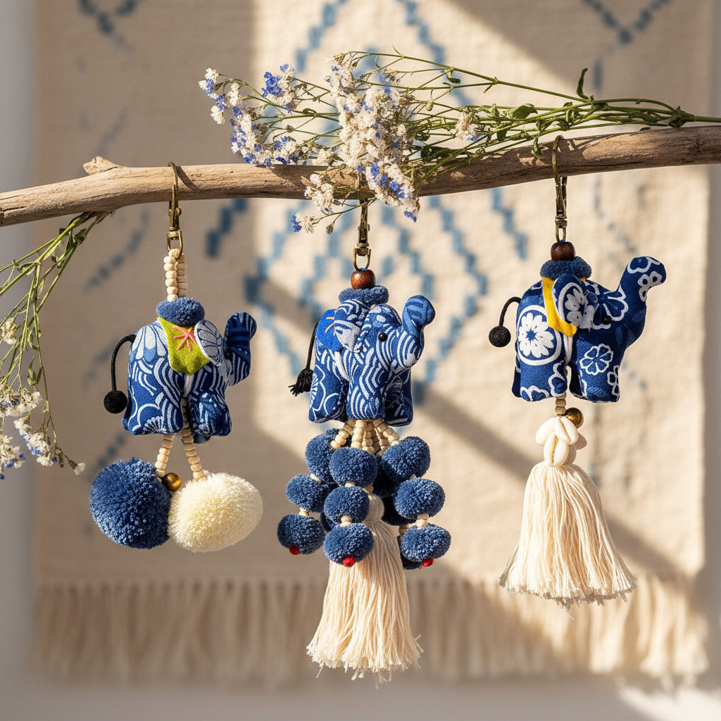 泰国扎染小象布艺大象钥匙扣特色民族风流苏包挂饰扎染小饰品挂件