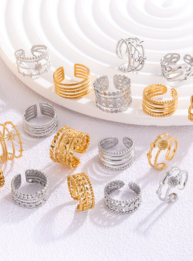 欧美跨境ins风钛钢戒指女小众开口镀金不锈钢戒指