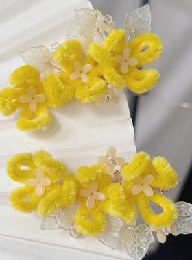 古风毛球发钗凌妙妙头饰黄色桂花U钗飘带仿绒花超仙发夹配饰品