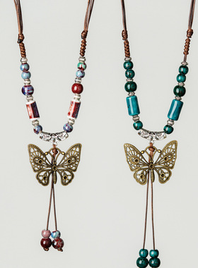 景德镇陶瓷饰品蝴蝶毛衣链长款项链衣服挂件长款民族风女