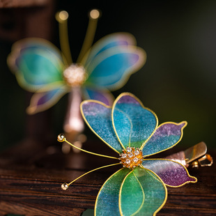 古风非遗手工掐丝蝴蝶对夹新中式发饰超仙绢纱发夹中国风头饰一对