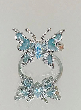 戒指蓝色蝴蝶开口小众甜美辣妹风设计感个性时尚