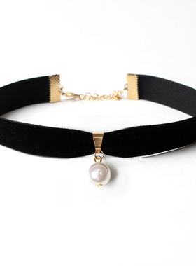 黑色丝绒锁骨链项圈女颈带日韩短款珍珠脖子饰品choker