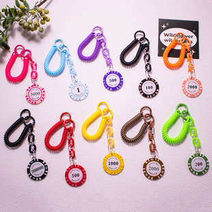 跨境筹码钥匙链弹簧绳防丢亚克力钥匙圈 网红古卡包手机挂件