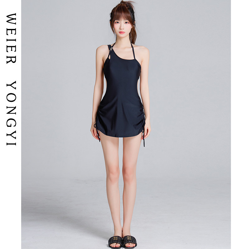 泳衣女款高级感性感镂空露背交叉吊带挂脖显瘦连体裙式泡温泉泳装