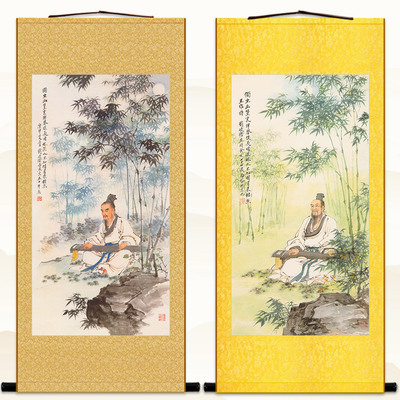 王维诗意图人物画 竹林月下清音高士抚琴卷轴挂画绢布 复古装饰画