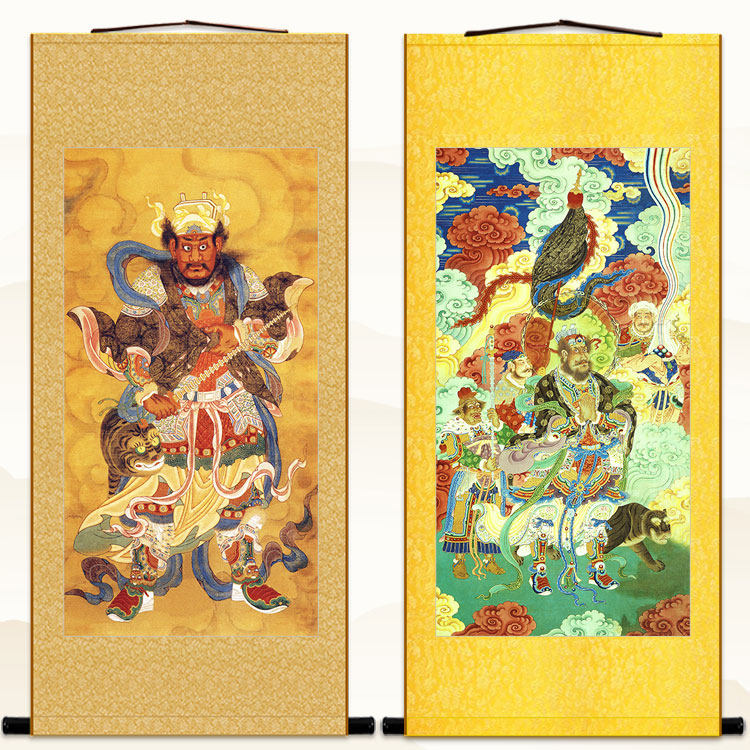 古画版武财神画像 赵公明元帅黑虎玄坛神像画 道场水陆画卷轴挂画