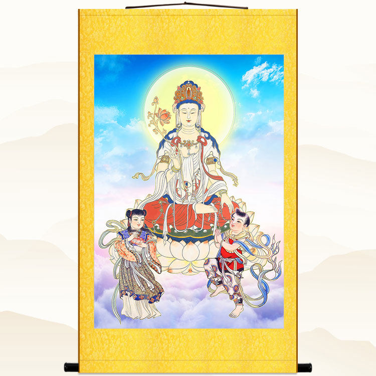 持莲观音菩萨佛像画 善财童子龙女画像 佛堂家用卷轴挂画装饰画