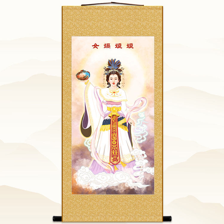 女娲娘娘坐像图卷轴挂画 绢布材质人物画 复古客厅书房装饰画定制
